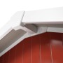 Detailansicht: Rotes Grosfillex Gartenhaus Deco H 7.5 mit weißem Dachabschluss.