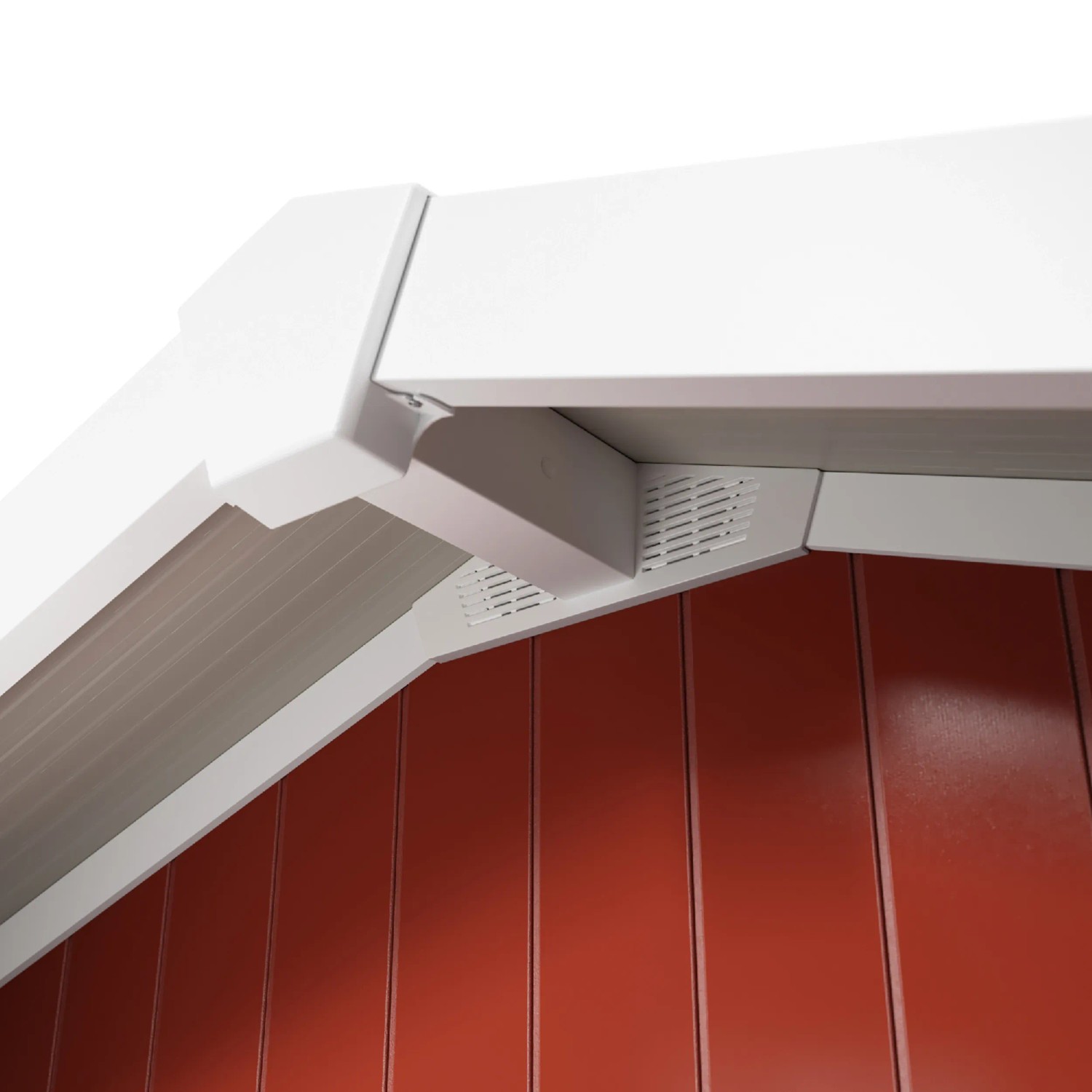 Detailansicht: Rotes Grosfillex Gartenhaus Deco H 7.5 mit weißem Dachabschluss.