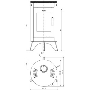 Technische Zeichnung Wamsler City Kaminofen, Stahl schwarz, Maße und Details.