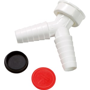 Weiße Doppelschlauchtülle (G 1) 30,3 mm x Ø 20 mm mit Verschlusskappen für Siphonanschlüsse.