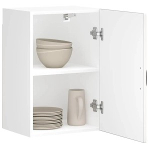 Weißer Küchen-Hängeschrank Lucca mit Geschirr, offen, aus Holzwerkstoff.
