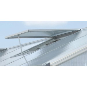 Alu-Dachfenster für Zeus Gewächshaus, ohne Verglasung, geöffnet zur Belüftung.