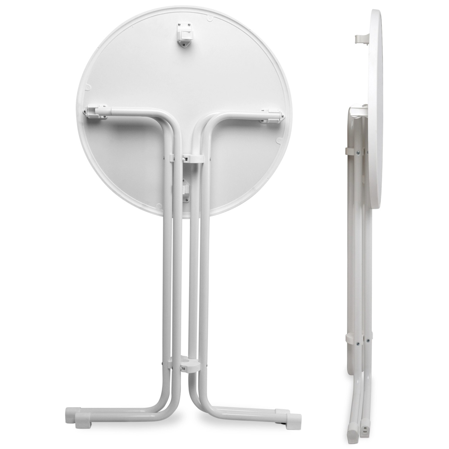 Weißer Beautissu Sylt Stehtisch (Ø 70 cm) mit klappbarem Gestell für Indoor & Outdoor.