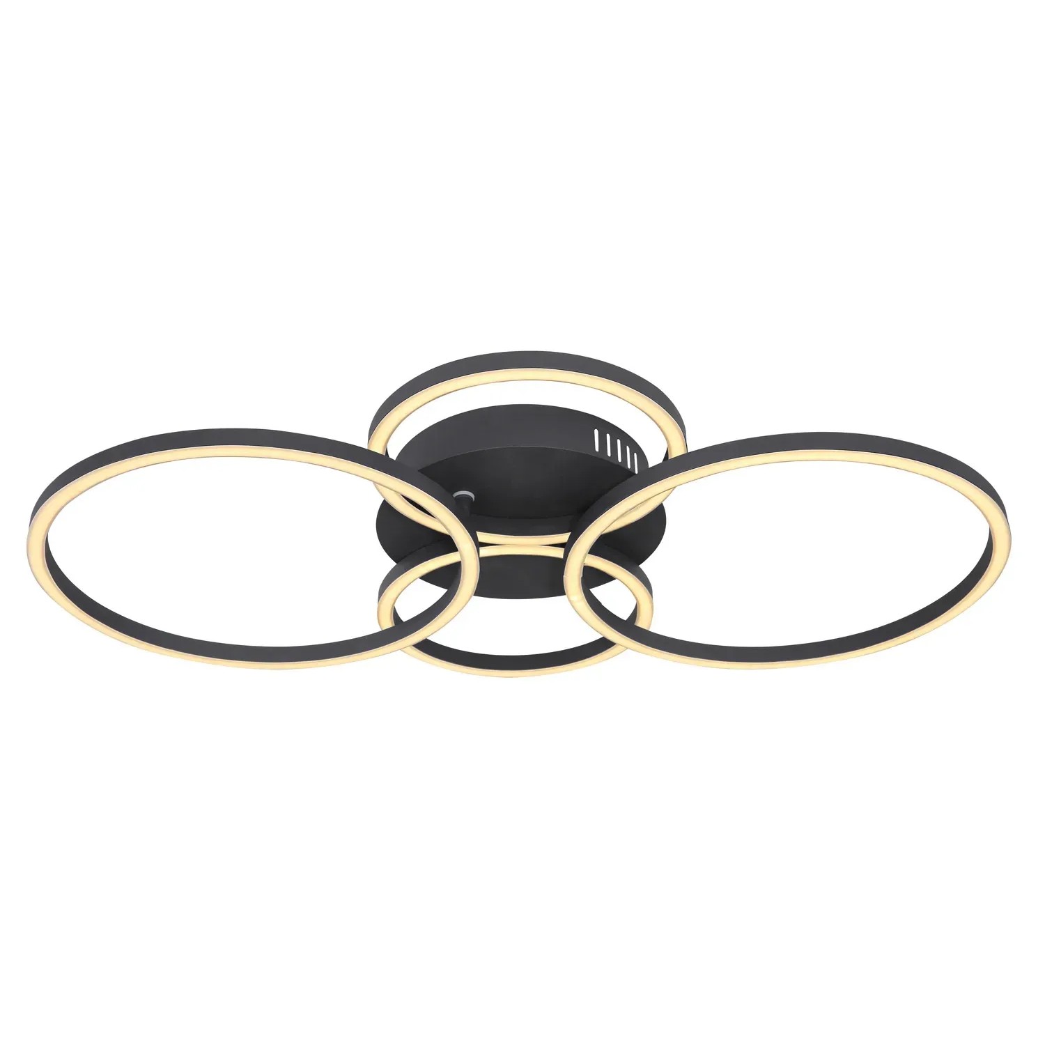 Schwarze LED-Deckenleuchte Kendy mit verschlungenen Ringen, 65,5 cm lang.