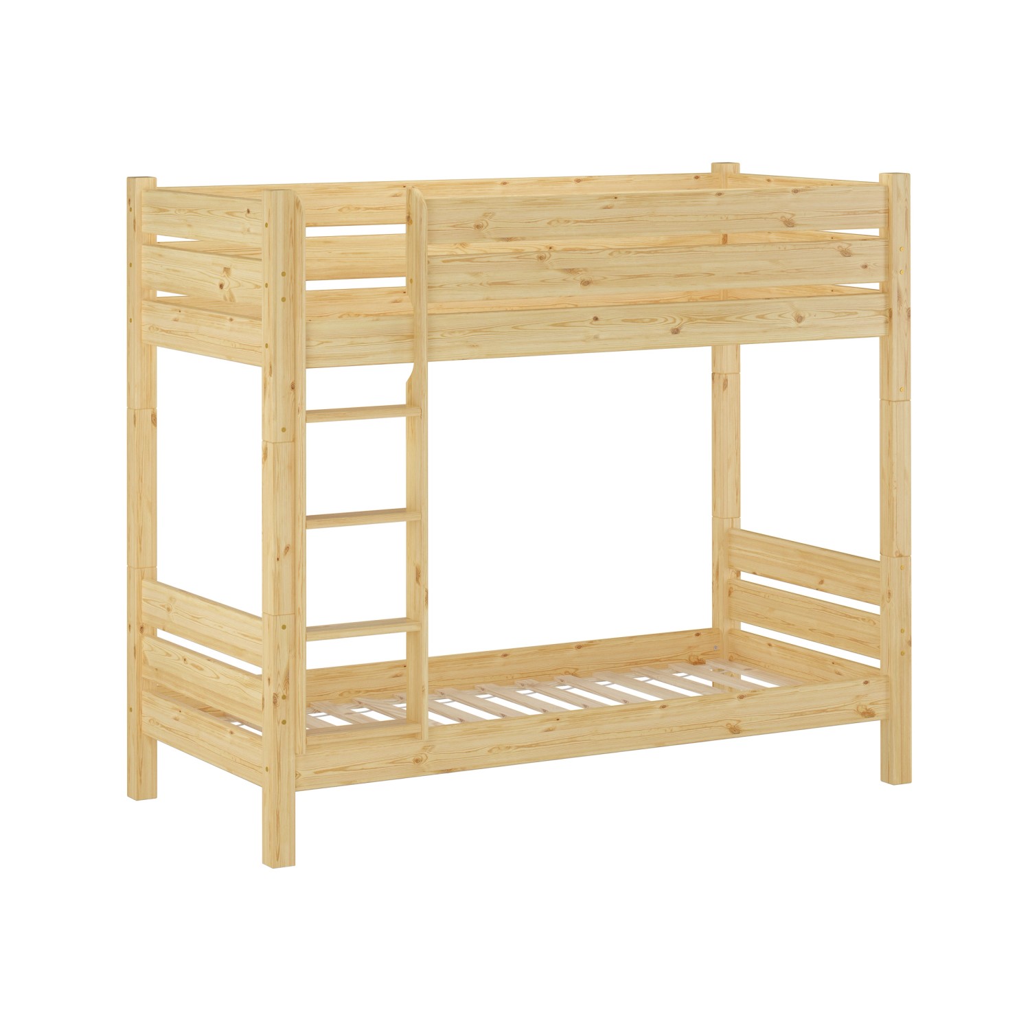 Extra stabiles Etagenbett aus Holz mit Leiter, teilbar in zwei Einzelbetten.