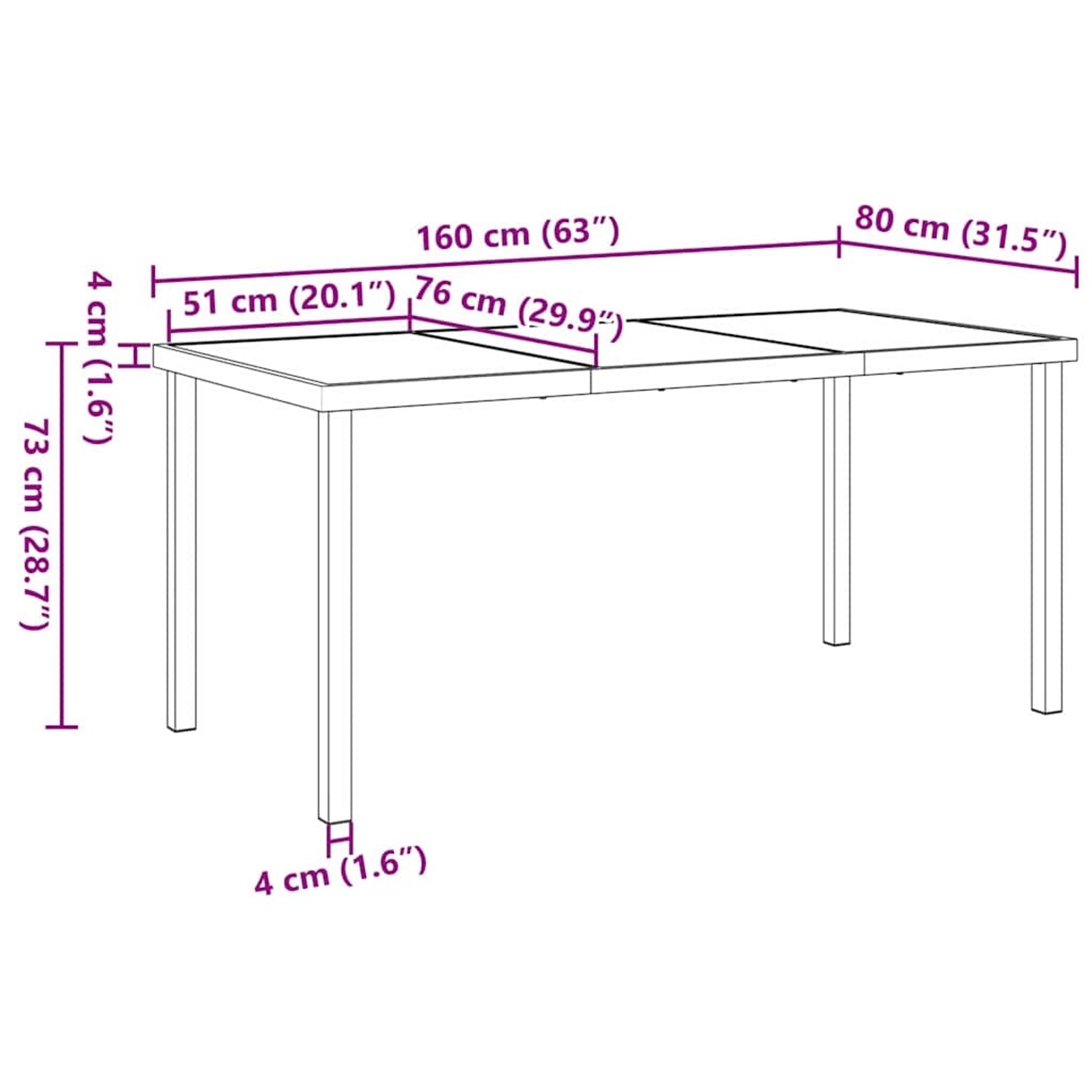vidaXL Garten Essgruppe, 5-teilig, beige Poly Rattan, Maße: 160x80x73cm, Detailansicht der Maße.