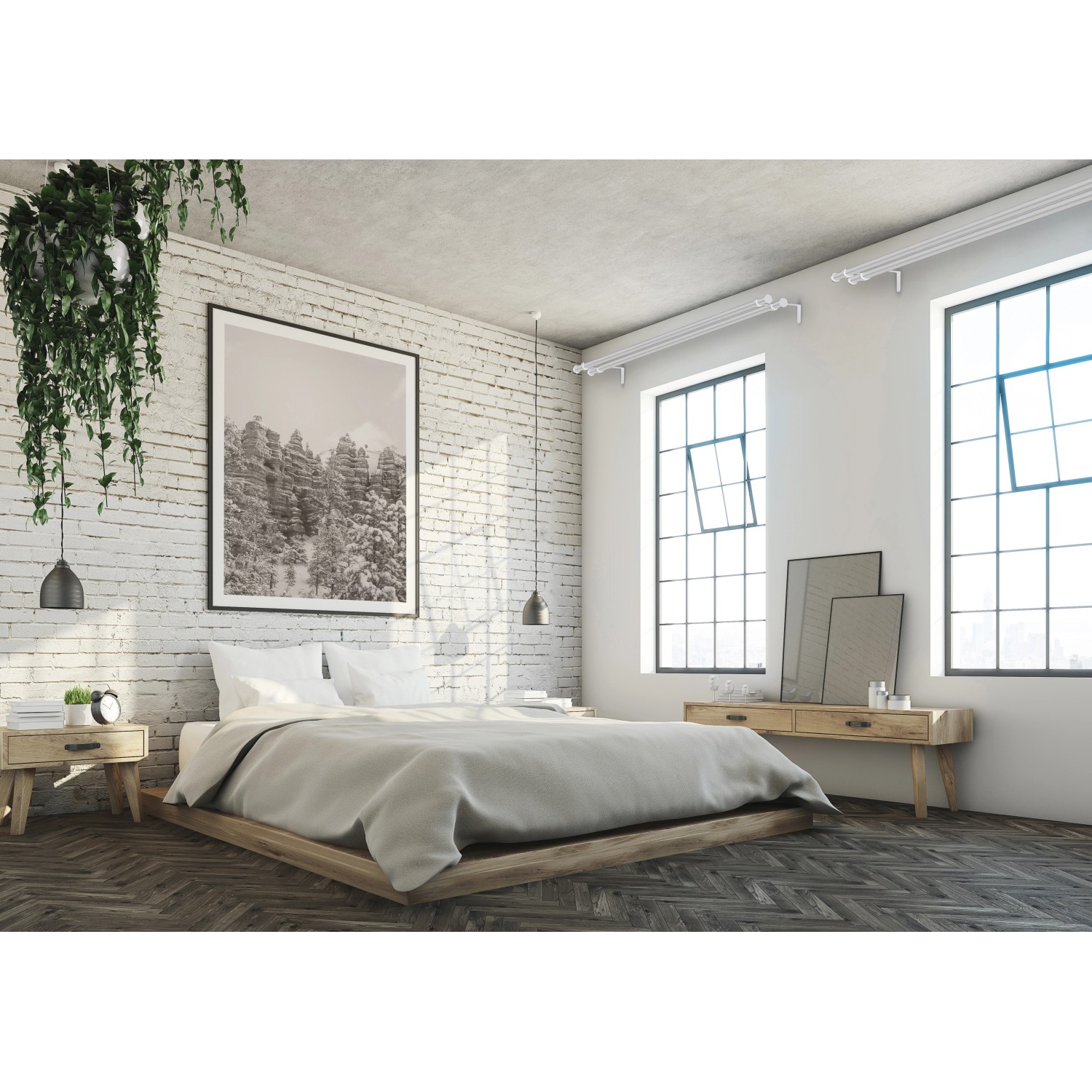 Weißes Metall Gardinenstangen-Set (240 cm) im Schlafzimmer mit großen Fenstern.