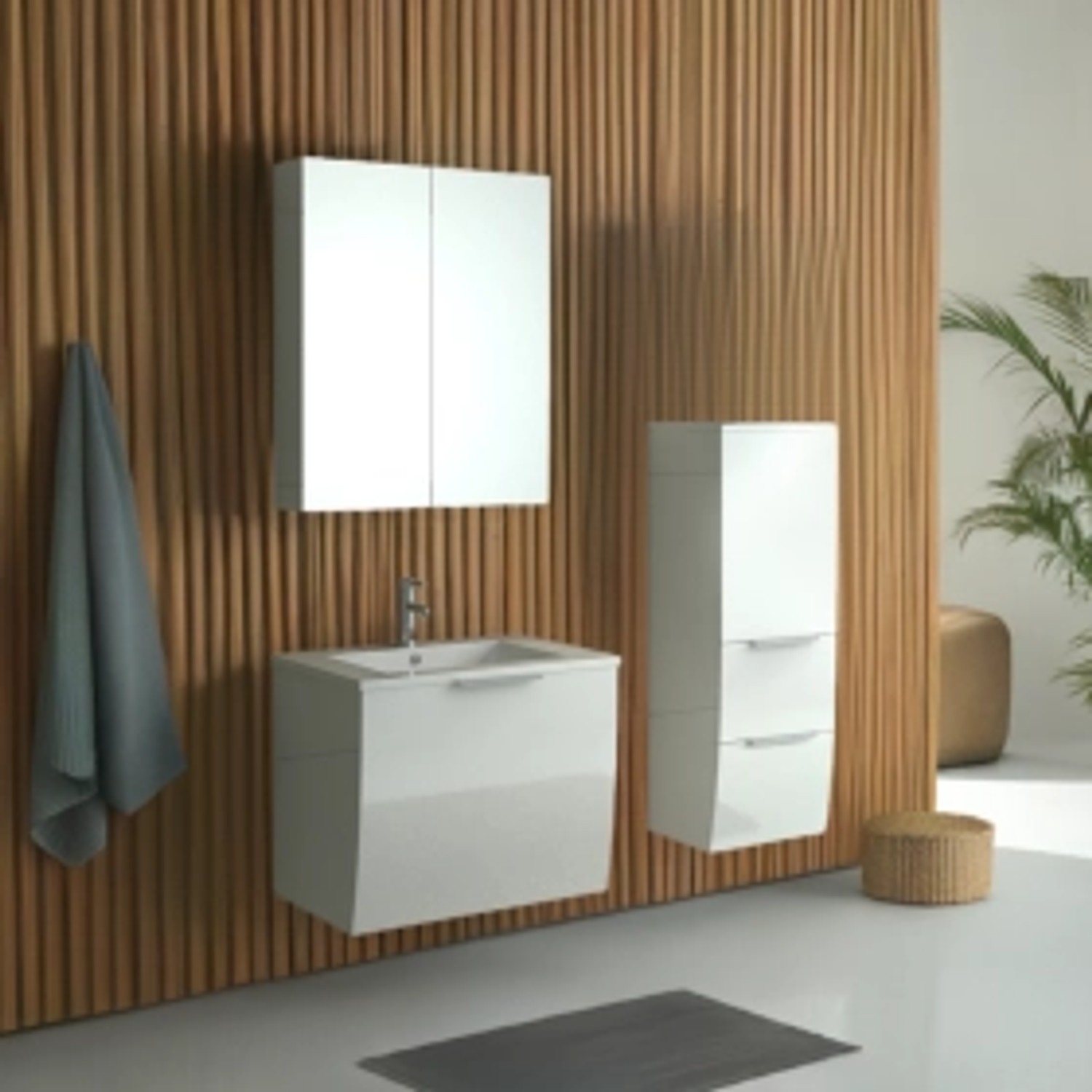 Jet-Line Badset Rorschach, hochglanz weiß, mit Waschbecken, Unterschrank, Hochschrank und Spiegelschrank.