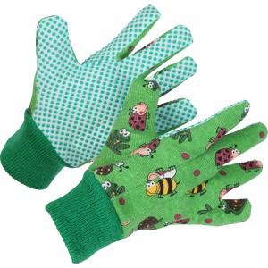 Grüne LUX Kinderhandschuhe Gr. 5 mit Käfer-Motiv für Garten und Werkstatt.