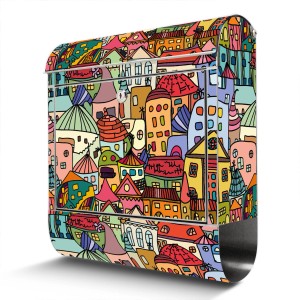 Banjado Edelstahl Briefkasten mit Zeitungsfach und buntem "Funky Town" Motiv.