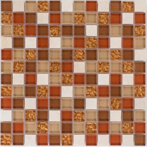 Mosaikmatte aus Glas und Naturstein in Orange und Creme, 30x30 cm. Ideal für Wandgestaltung.
