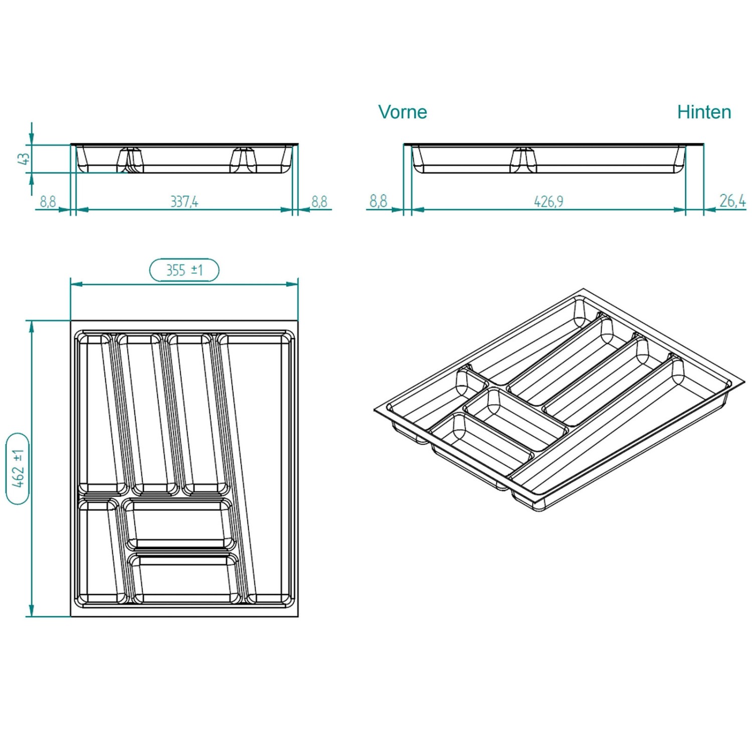 SOTECH ORGA-BOX II Besteckeinsatz 450 mm Höhe 45 mm Silbergrau Für Nobilia Schubladen_6