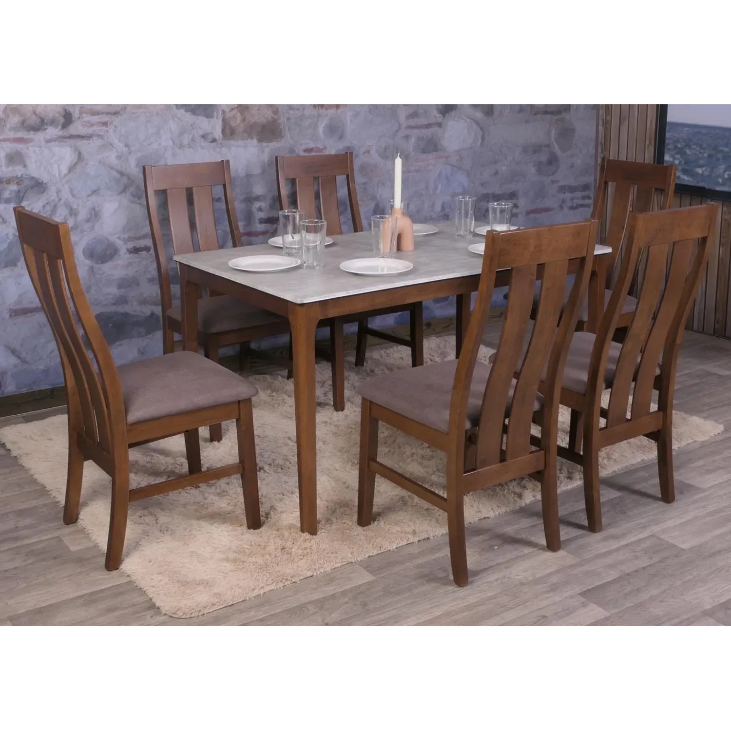 6er-Set Polsterstühle „MCW M58“ in Taupe mit dunklem Holzgestell. Esszimmerstühle mit hoher Rückenlehne.