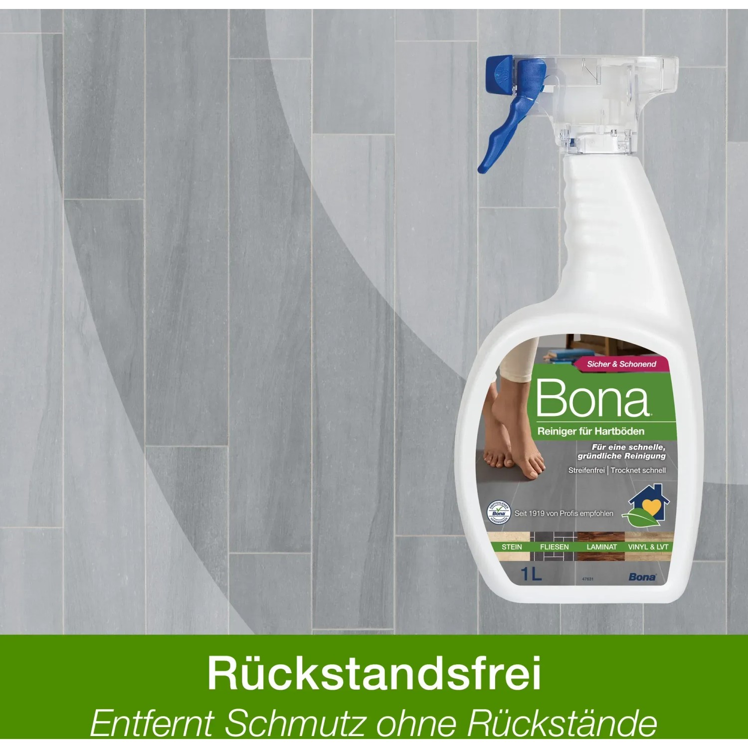 Bona Stein-, Fliesen- und Laminatreiniger Spray 1 l für streifenfreie Reinigung von Hartböden.