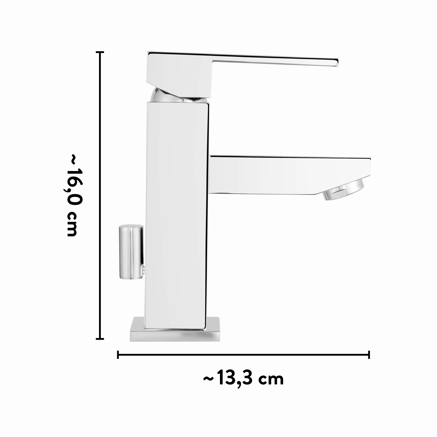 baliv Waschtischarmatur WT-5140 Chrom, Einhebelmischer mit eckigem Design und Maßangaben.