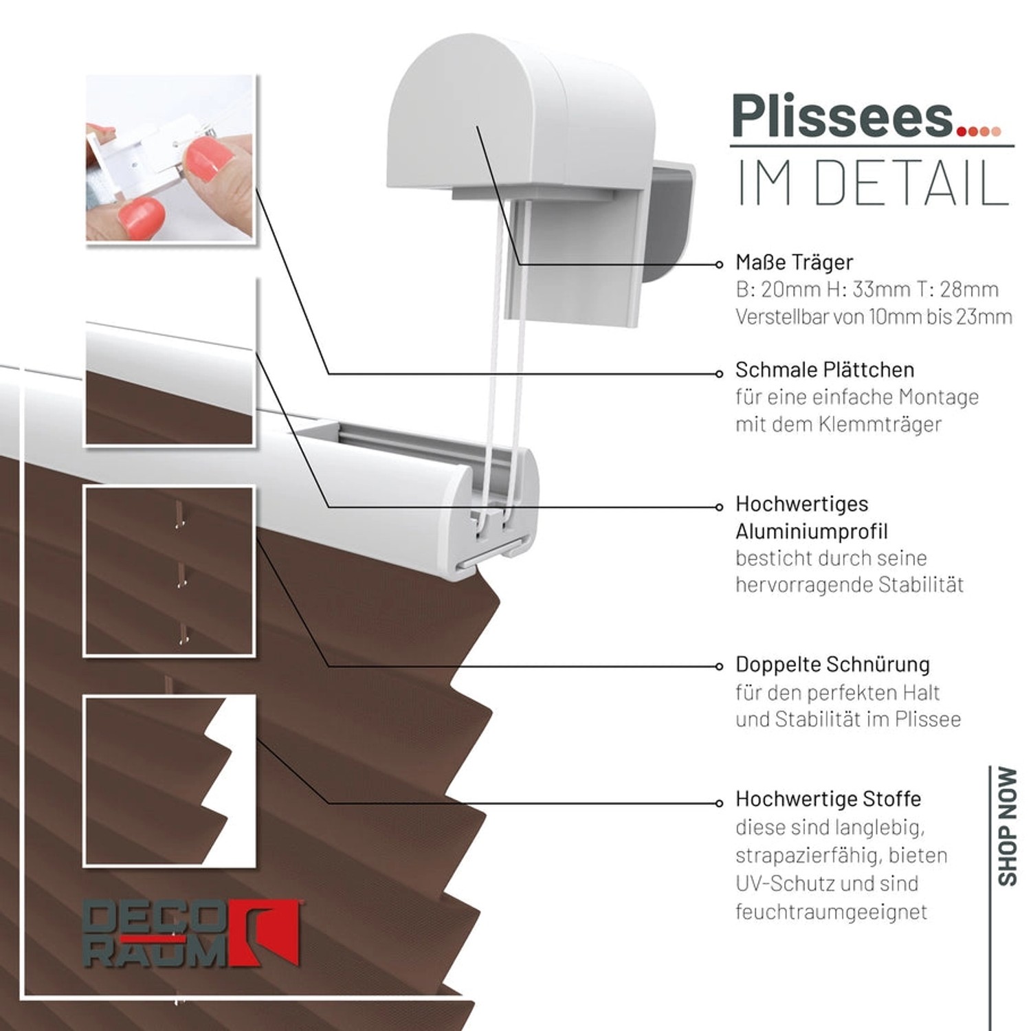 Detailansicht: Braunes Deco-Raum Plissee Basic 50x150cm mit Klemmfix-Montage.