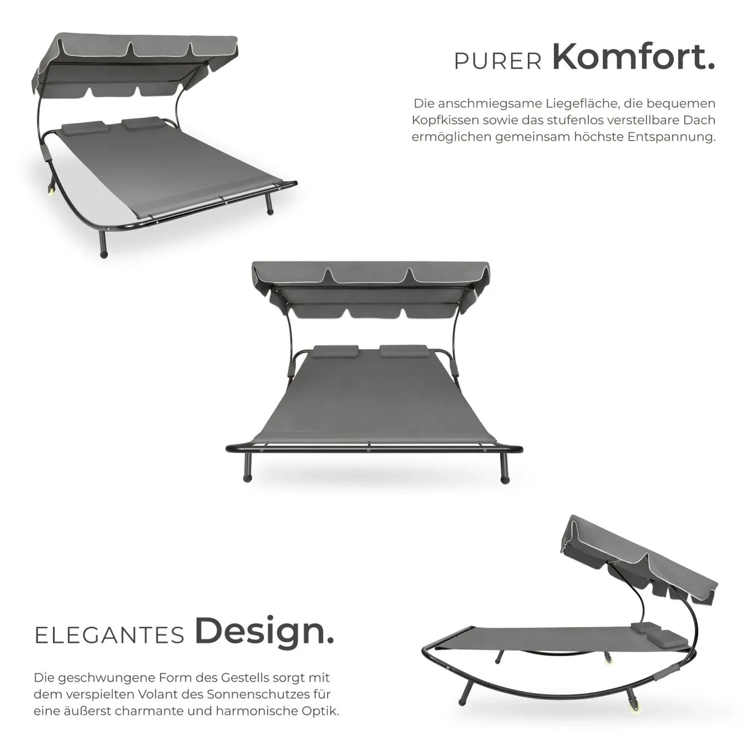 Graue Tectake Gartenliege Livorno für 2 Personen mit verstellbarem Sonnendach und robustem Metallgestell.
