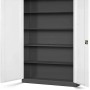 Jan Nowak Büro Aktenschrank, Anthrazit-Weiß, offen. Metallschrank mit 4 verstellbaren Böden und Zylinderschloss.