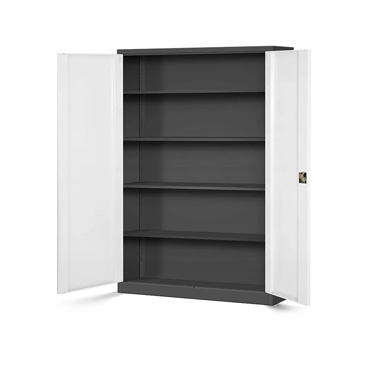 Jan Nowak Büro Aktenschrank, Anthrazit-Weiß, offen. Metallschrank mit 4 verstellbaren Böden und Zylinderschloss.