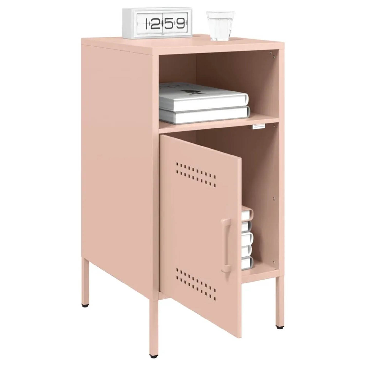 Rosa Nachttisch aus Stahl (2er-Set) mit Tür und Fächern.