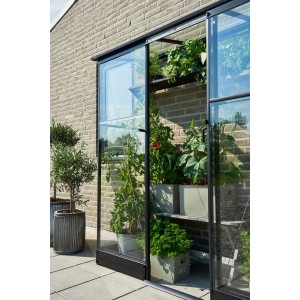 Halls Anlehngewächshaus Qube Lean-to 26, schwarzer Rahmen, bepflanzt mit Gemüse und Kräutern.