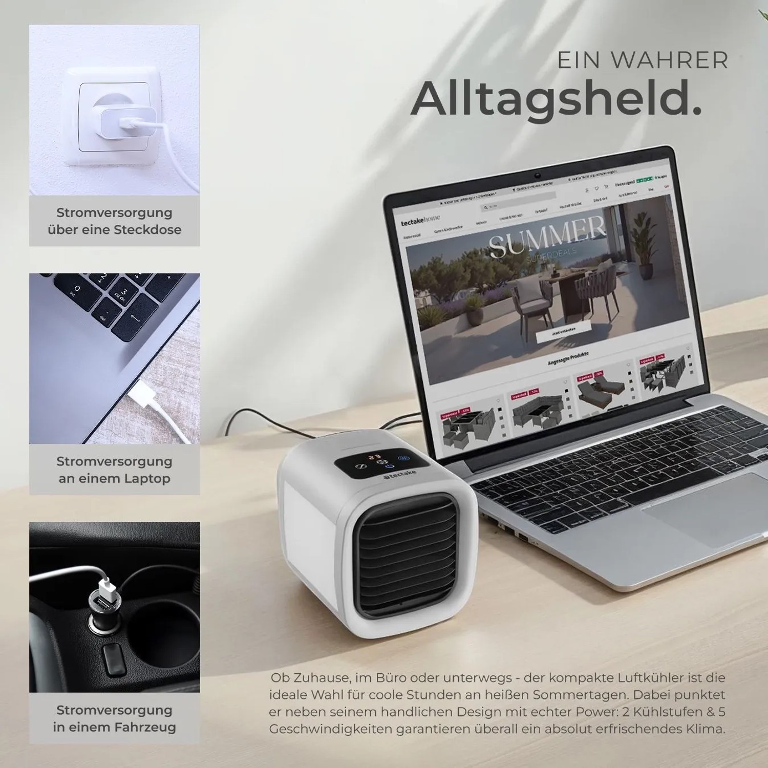 Tectake 3in1 Luftkühler Frosty, grau, mit LED-Beleuchtung und Laptop auf Tisch.