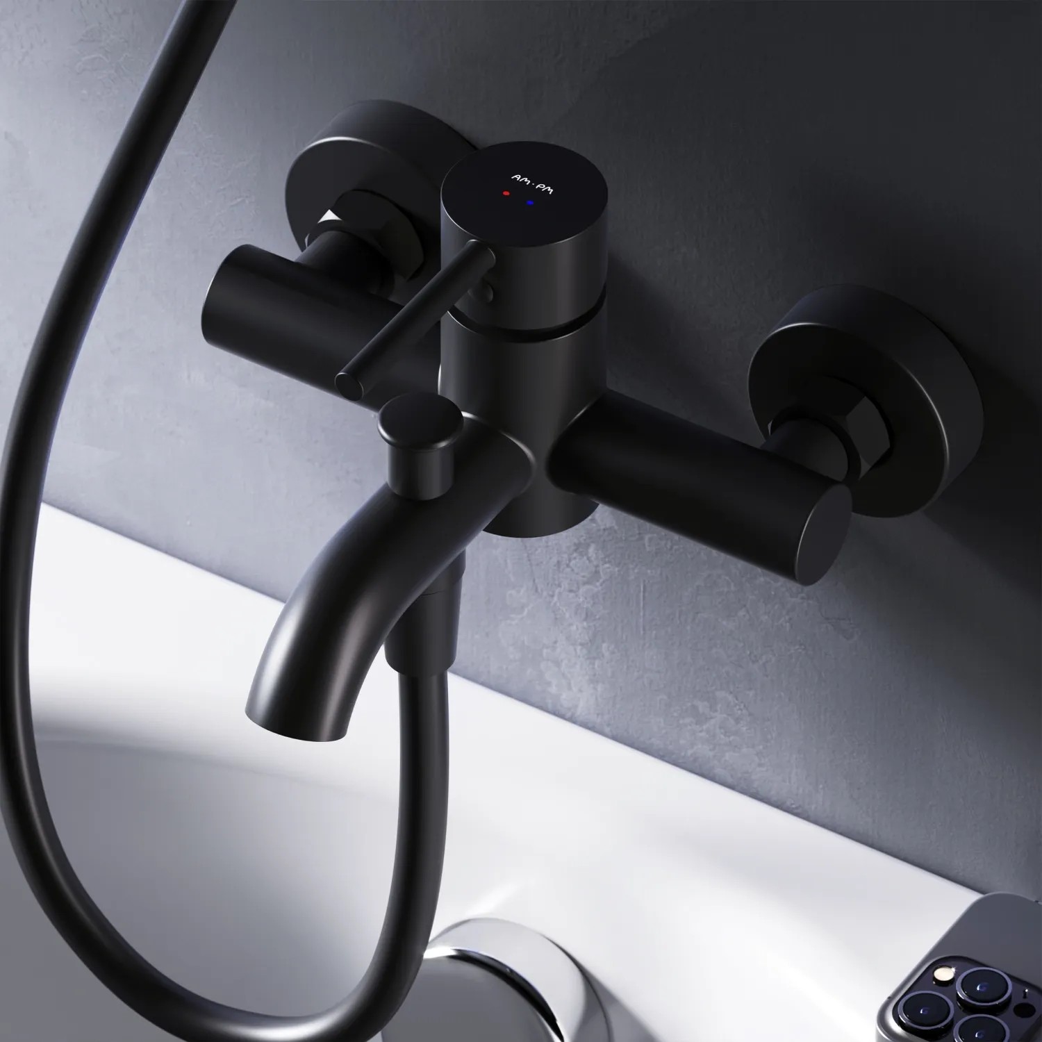 AM.PM Spike Wannenarmatur Aufputz in Schwarz, mit Brauseanschluss für Badewanne.