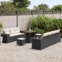 Schwarzes 10-tlg. vidaXL Garten-Sofa-Set aus Poly Rattan mit Tisch und Hockern.