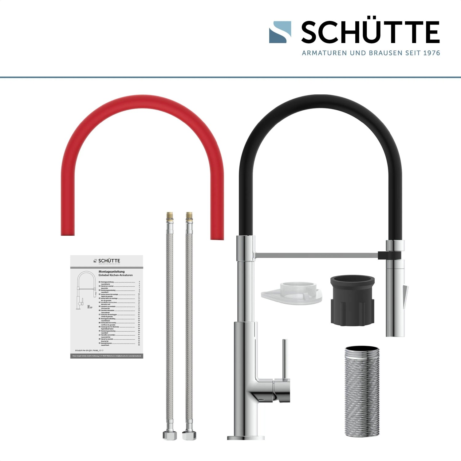 Schütte Stilo Spültischarmatur mit schwarzem und rotem Soft-Touch Schlauch, Chrom.