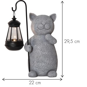 Graue LED-Solar-Dekoration Katze mit lächelndem Gesicht, hält eine leuchtende Laterne. 29,5 cm hoch, 22 cm breit.