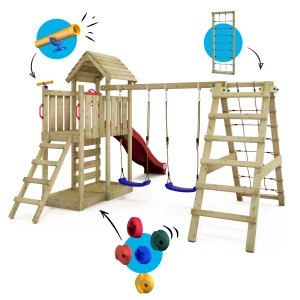 Wickey Spielturm RocketFlyer mit Rutsche, Schaukel und Kletterwand aus Holz.