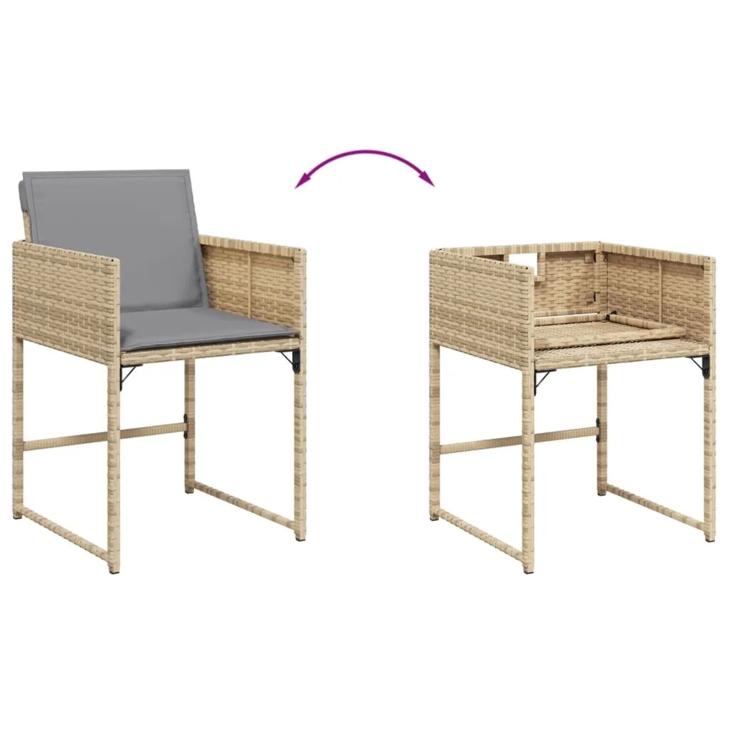 Gartenstuhl aus Rattan, beige, mit Kissen, stapelbar zur platzsparenden Aufbewahrung. Teil der 5-tlg. Essgruppe.
