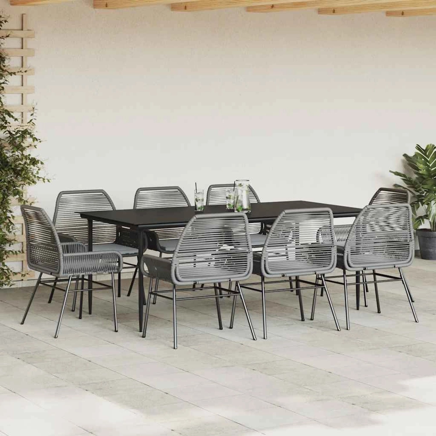 Graue 9-tlg. vidaXL Garten-Essgruppe mit Polyrattan-Stühlen und schwarzem Tisch mit Glasplatte.