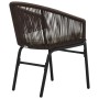 Brauner Rattan Gartenstuhl des vidaXL Bistro-Sets mit cremefarbenem Kissen und schwarzem Stahlgestell.