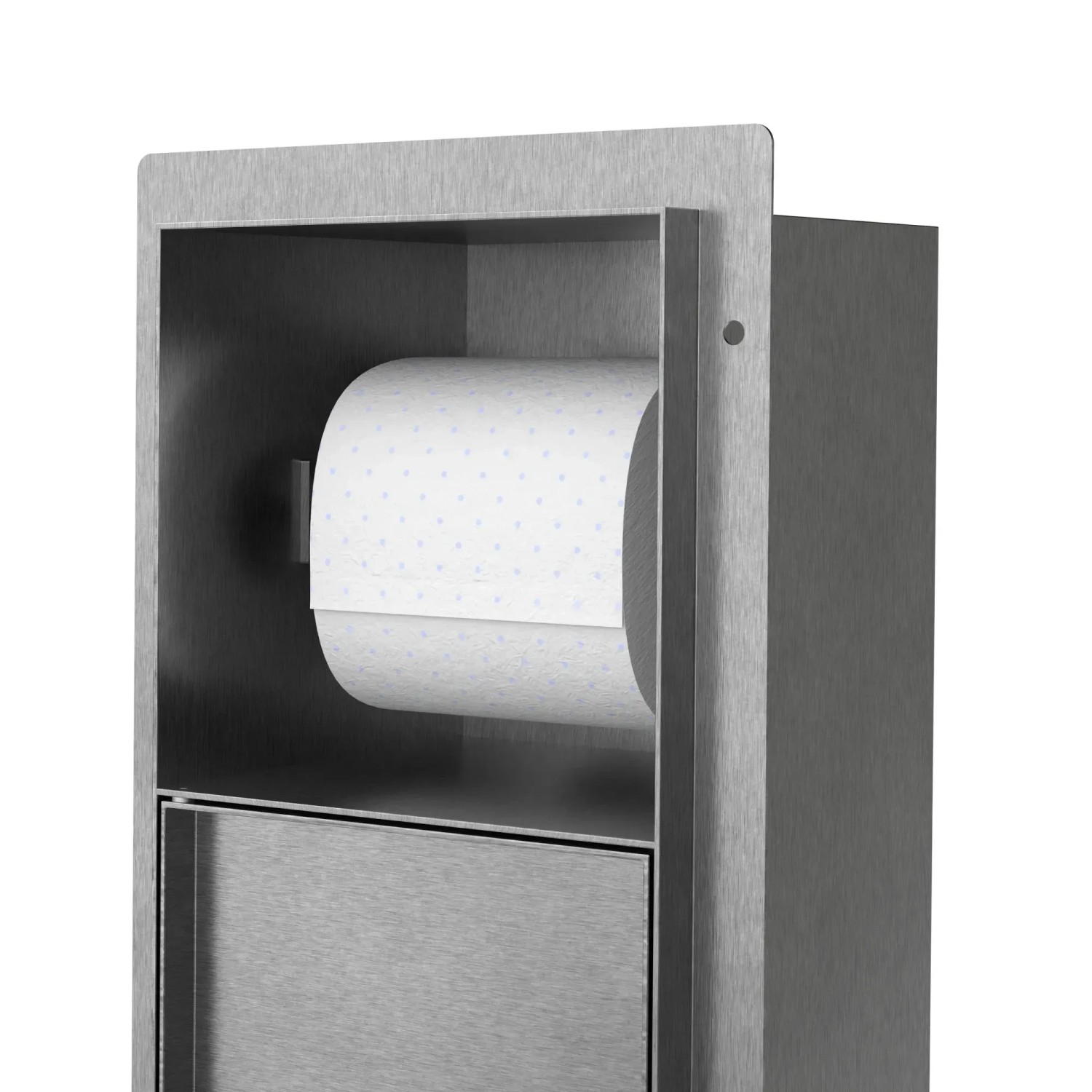 LuxeBath Unterputz WC-Schrankmodul aus Edelstahl, silberfarben, mit Toilettenpapier und Staufach.