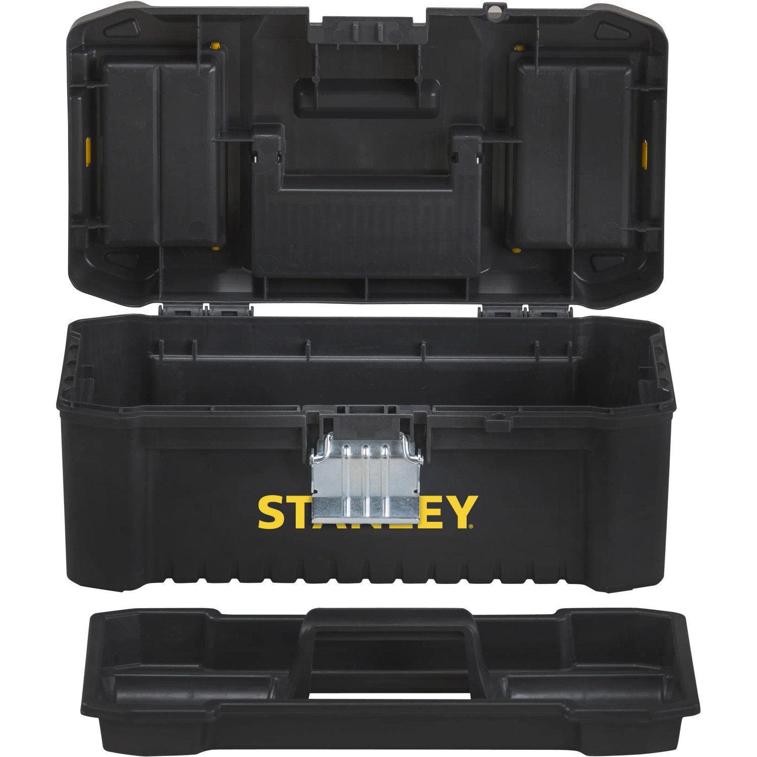 Geöffnete Stanley Kunststoffbox Essential 12,5 Zoll mit Metallschnalle und herausnehmbarem Einsatz.