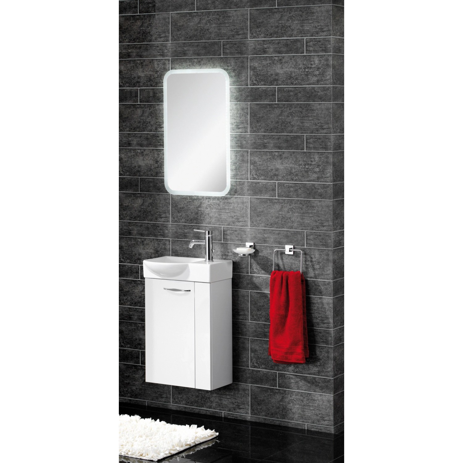 Fackelmann Sceno Handwaschbecken, 45 cm, eckig, weiß, mit Unterschrank im Badezimmer.