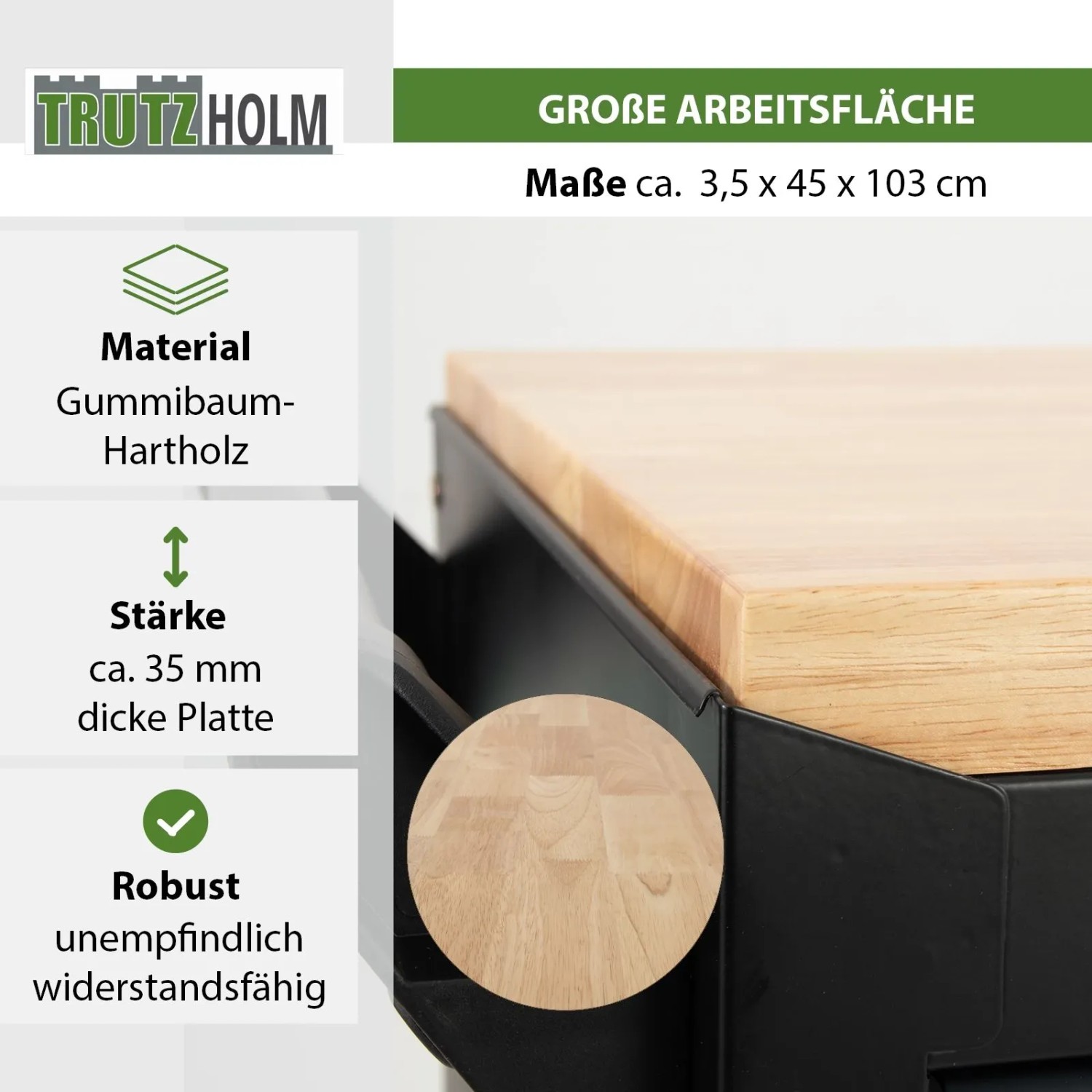Detailansicht der 35 mm starken Hartholz-Arbeitsplatte des TRUTZHOLM Werkstattwagens. Die helle Holzmaserung ist sichtbar.