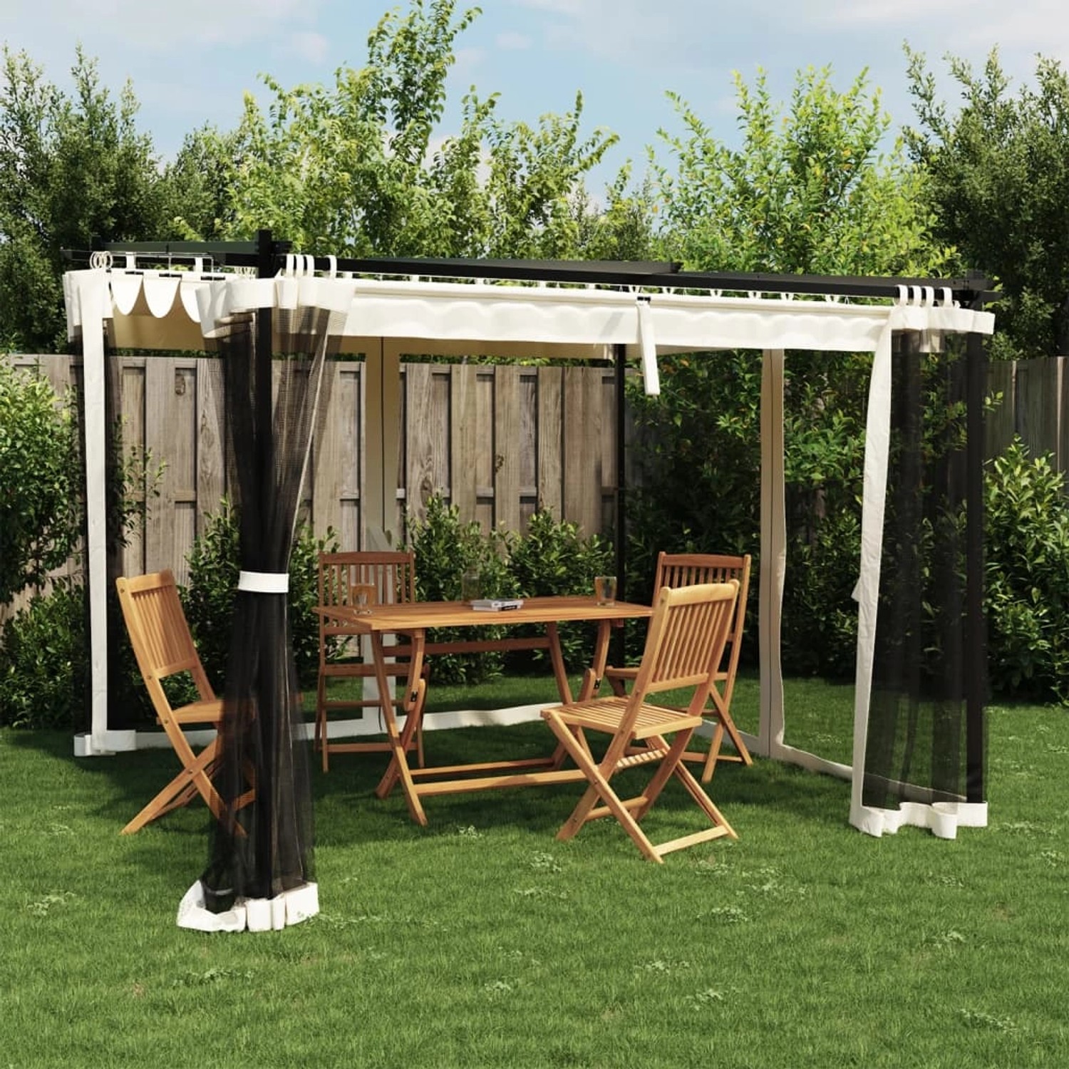 Cremefarbener vidaXL Pavillon 3x3 m mit Netzseitenwänden und Gartenmöbeln auf einer Rasenfläche.
