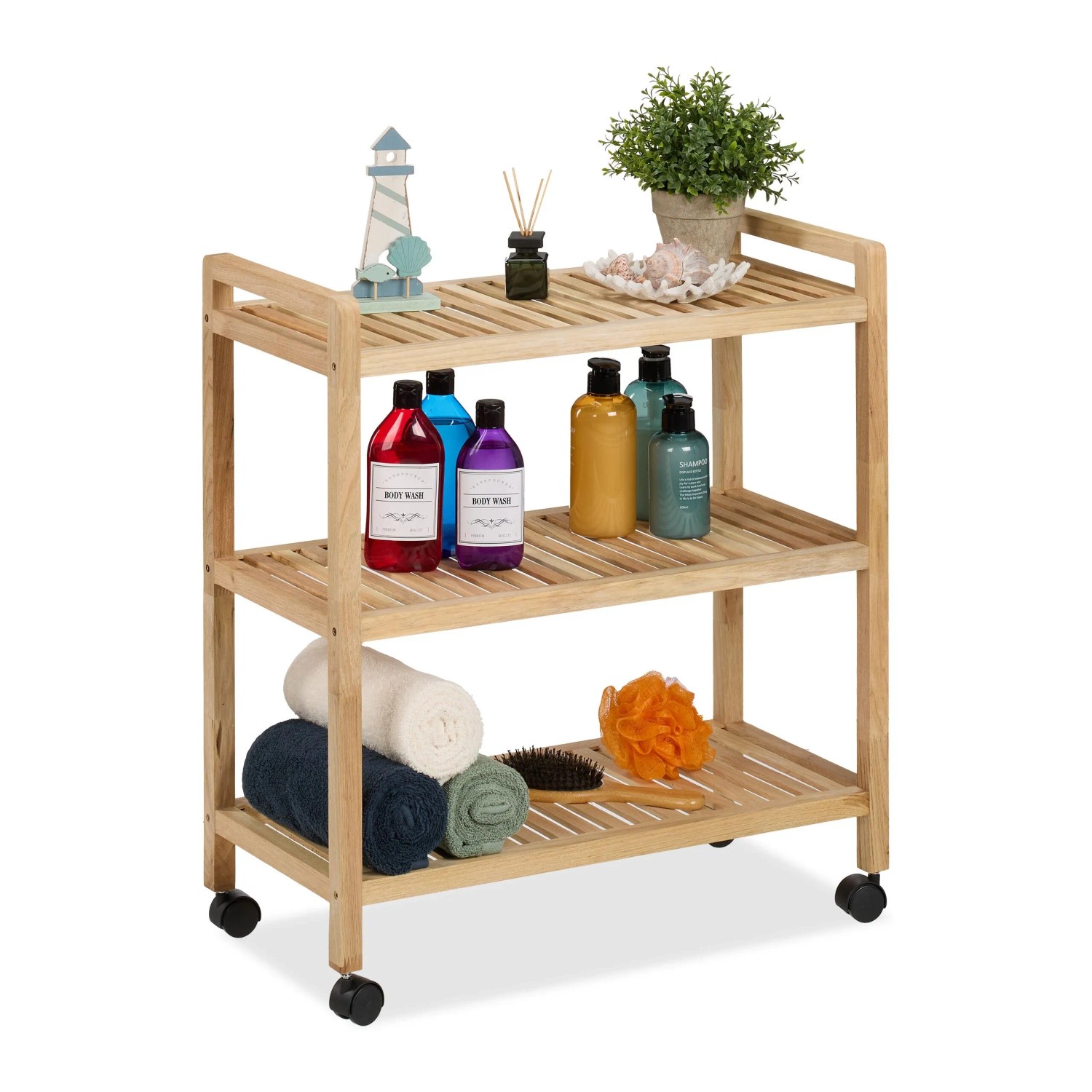 Relaxdays Badregal Holz Natur Mit Rollen 72 cm x 65 cm x 31 cm