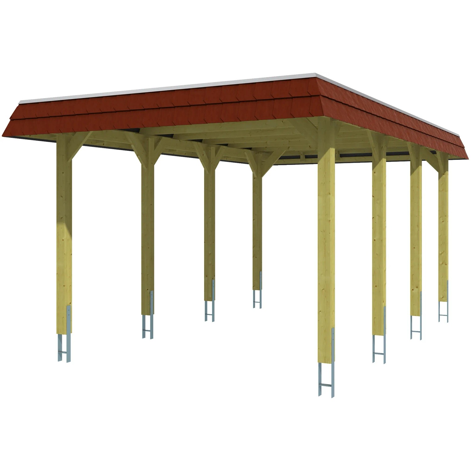 Skan Holz Einzelcarport in Nussbaum, Holzkonstruktion mit flachem Dach und acht Pfosten.