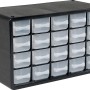 LUX-TOOLS Sortierkasten mit 20 transparenten Schubladen für Kleinteile, schwarzes Gehäuse.