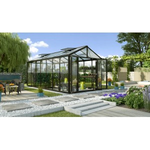 Vitavia Gewächshaus Zeus Comfort 13800, schwarzer Rahmen, 13,8 m², mit Pflanzen im Inneren.
