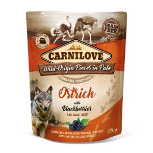 Carnilove Hunde-Nassfutter Adult Strauß mit Brombeeren, getreidefrei, 300g Packung.