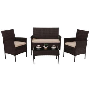 Braune Polyrattan Garten-Garnitur N98 mit 2 Sesseln, Bank, Tisch mit Glasplatte und Creme Kissen.