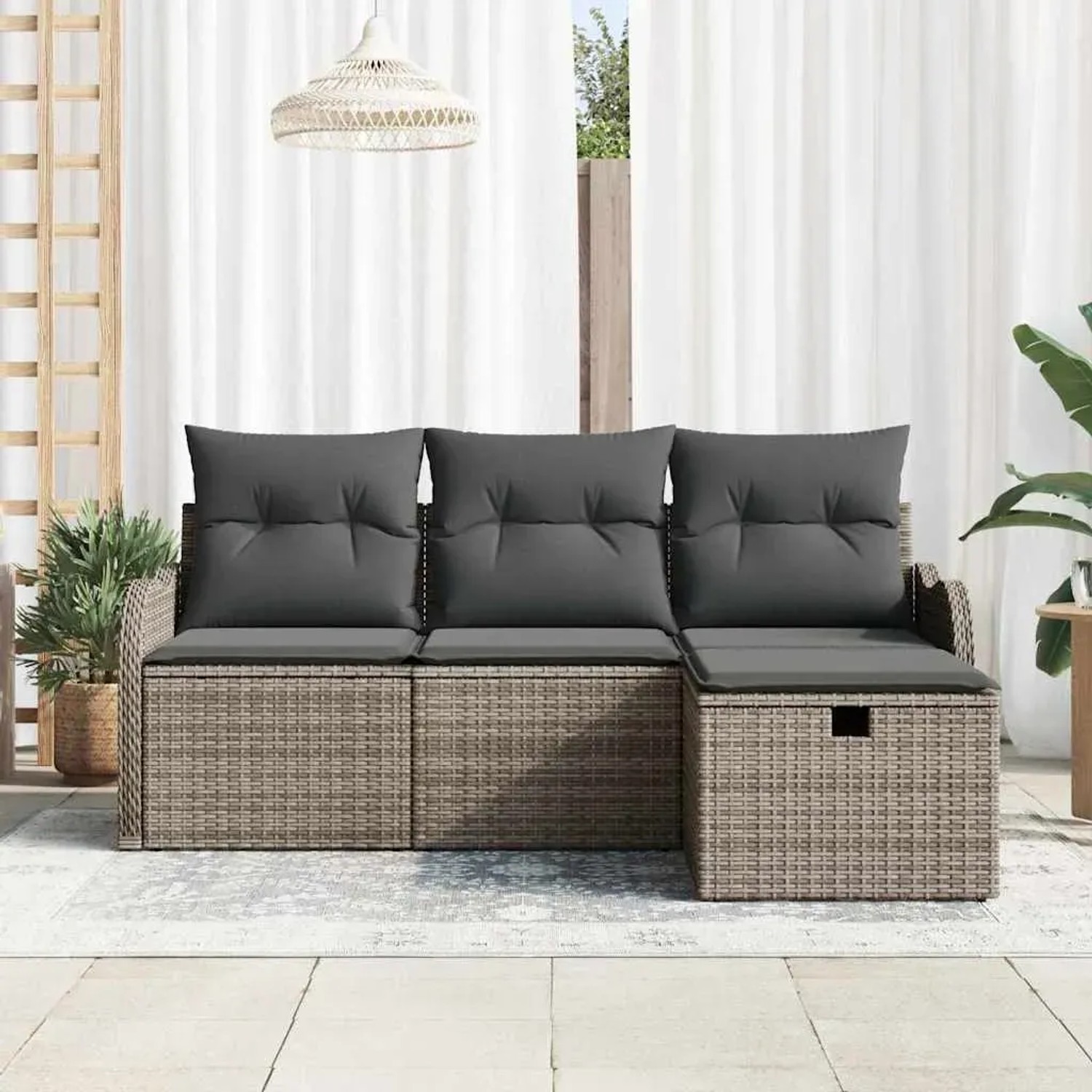 Graues vidaXL Garten-Sofa-Set aus Polyrattan mit Kissen und Stauraum, 4-teilig.