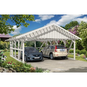 Weißer Skan Holz Carport Schwarzwald mit Rückwand und zwei geparkten Autos.