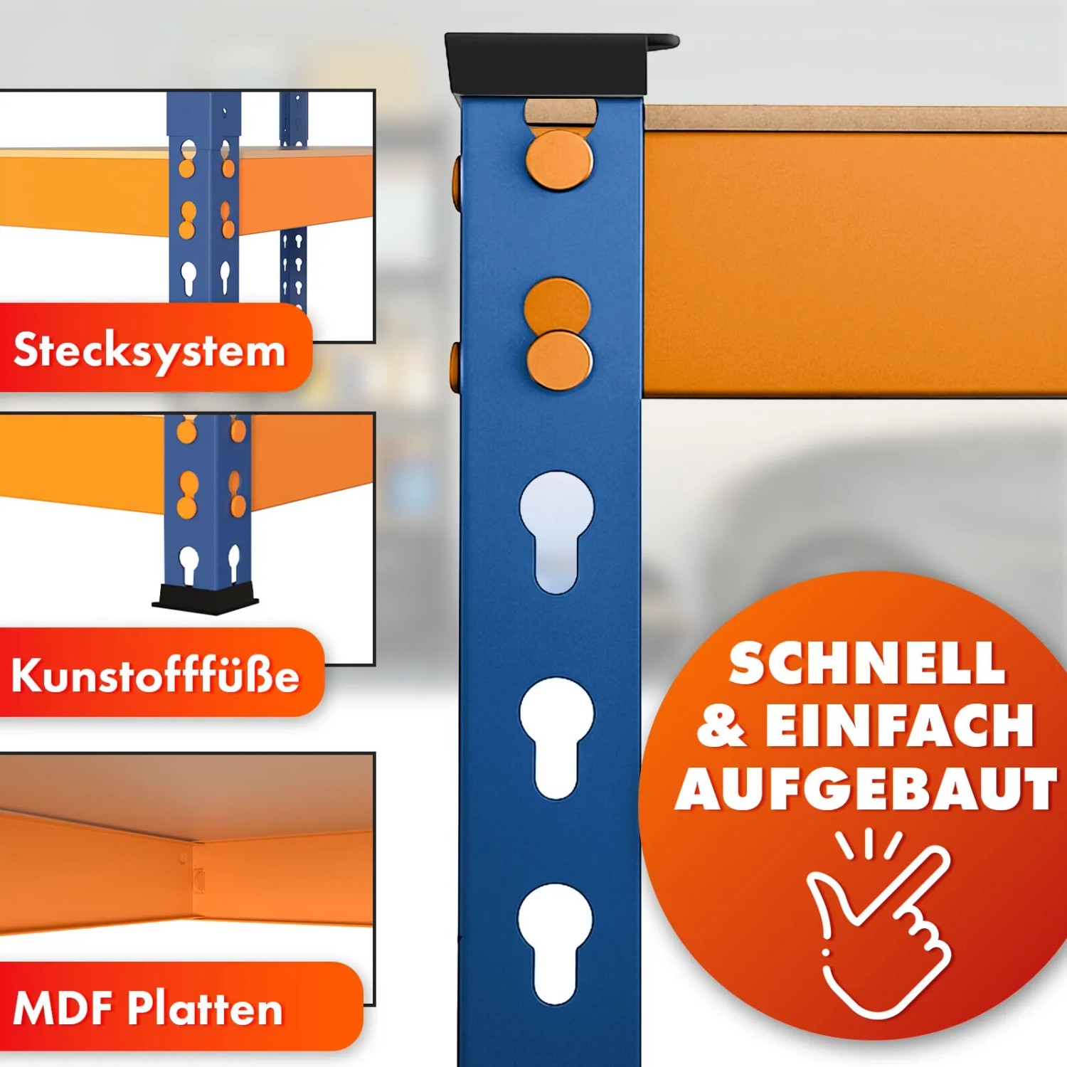 Detailaufnahme: Blau-oranges KARAT Schwerlastregal Rhino mit Stecksystem und MDF-Platten.