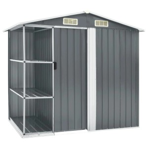 Graues vidaXL Gartenhaus mit Regal, 205x130x183 cm, aus Eisen.