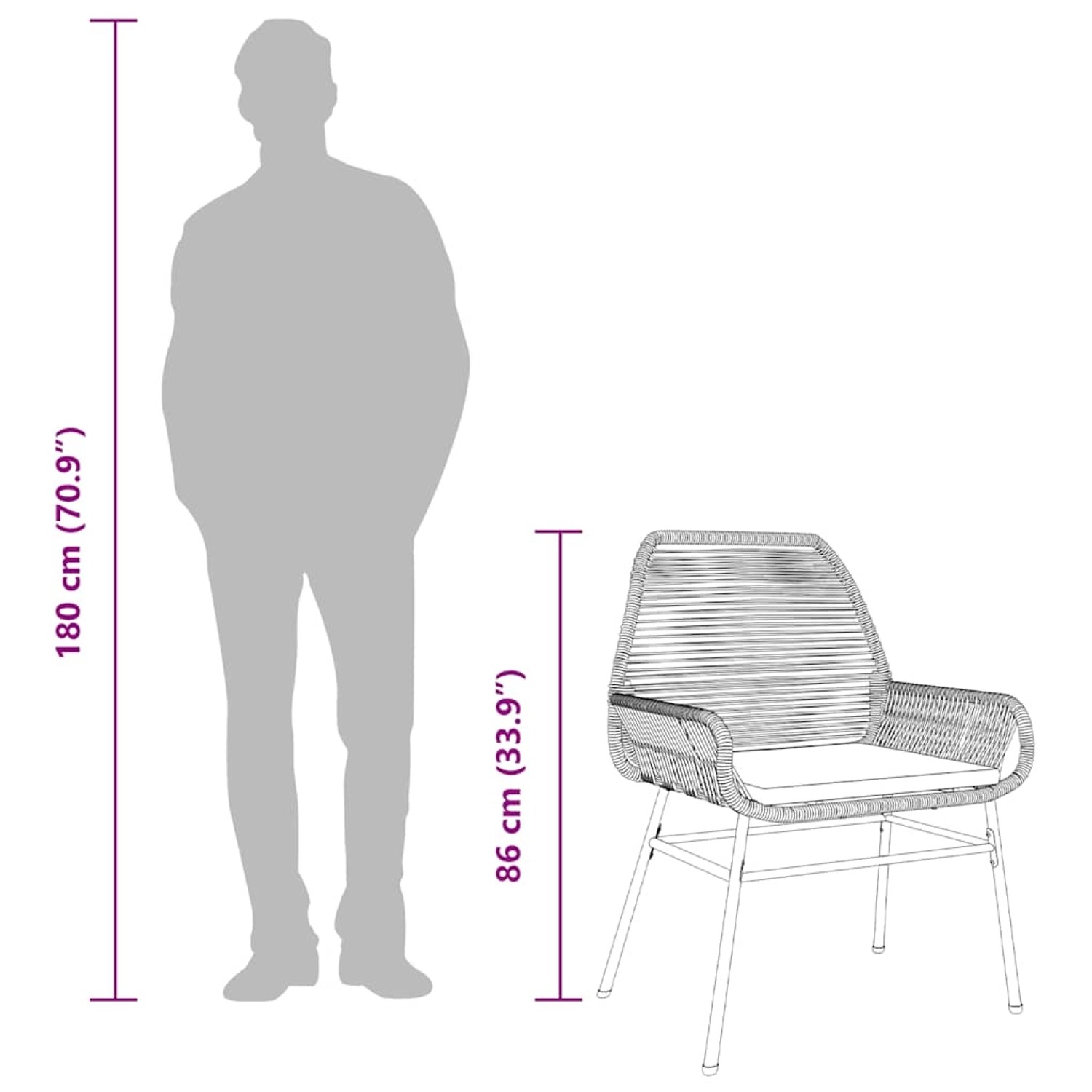 Graue 9-tlg. Garten Essgruppe aus Polyrattan mit Glasplatte, Maße werden dargestellt.